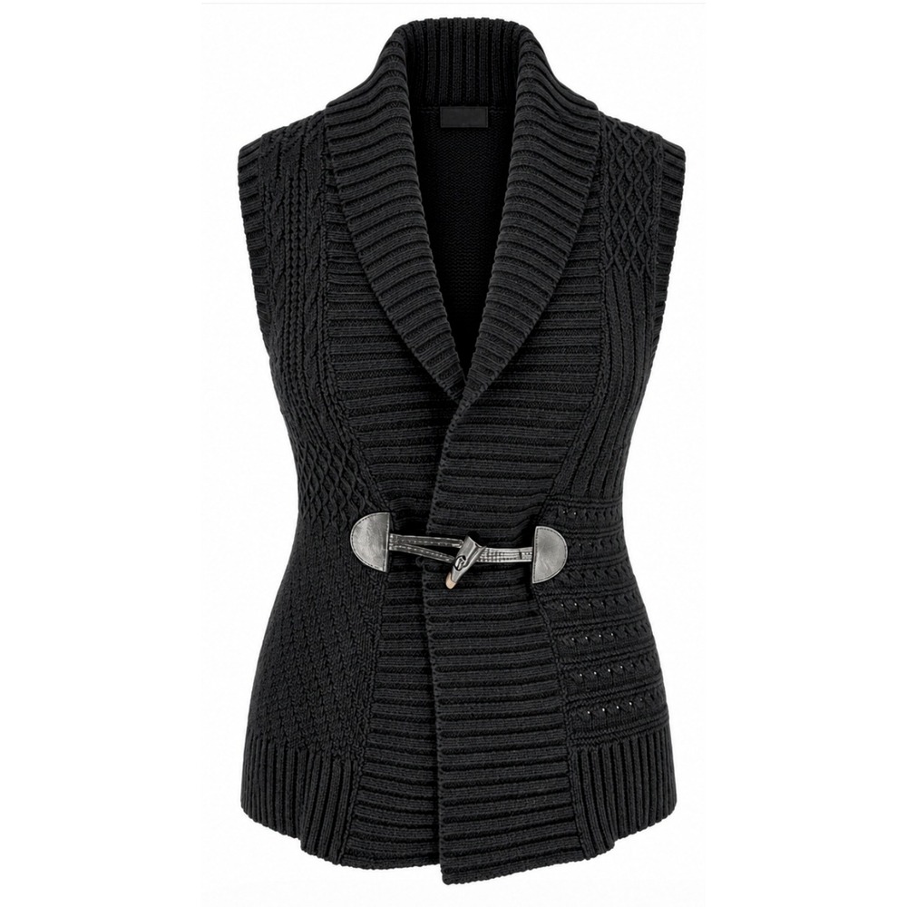 Chaps Shawl Collar Knit Vest Women L Black Toggle Closure